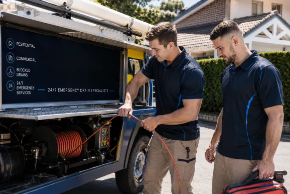 Two plumbers working on a blocked drain in Annandale