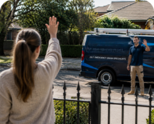 Customer waving goodbye to a Annandale Blocked Drains plumber